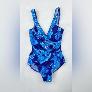 Miraclesuit Blue Floral One Piece Swimsuit Faux Wrap Surplice Neckline Sz 10